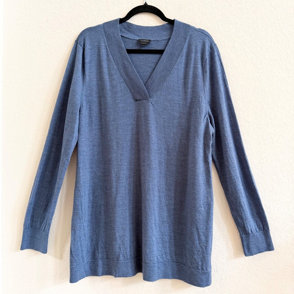 Talbots 100% Pure Merino Wool V-Neck Tunic Long Sleeve Shirt Top XL Blue